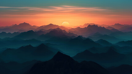 The silhouettes of the mountains seem in black paints against the background of sunset, creating t