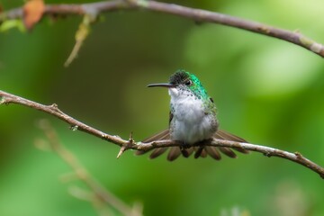 Fototapeta premium The Andean emerald (Uranomitra franciae), hummingbird, green and white bird found at forest edge, woodland, gardens and scrub in the Andes of Colombia, Ecuador.