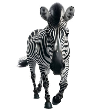 A zebra walks towards the camera. Isolated on white background.