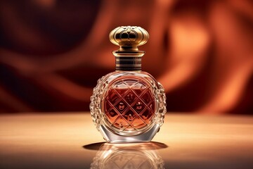 antique perfume bottle, Sleek Rose Gold Perfume Bottle on Black Background