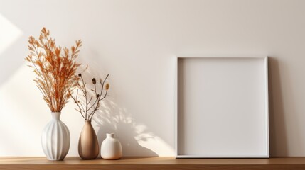Mockup frame on table, ceramic vase with dry grass and sunlight shadow