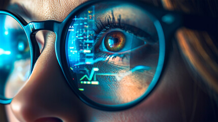 close-up portrait of a woman in glasses with reflection of a computer screen with graphs and tables. 