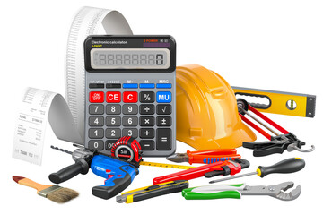 Calculator with construction tools and printed receipt. Calculating costs of construction, concept. 3D rendering isolated on transparent background