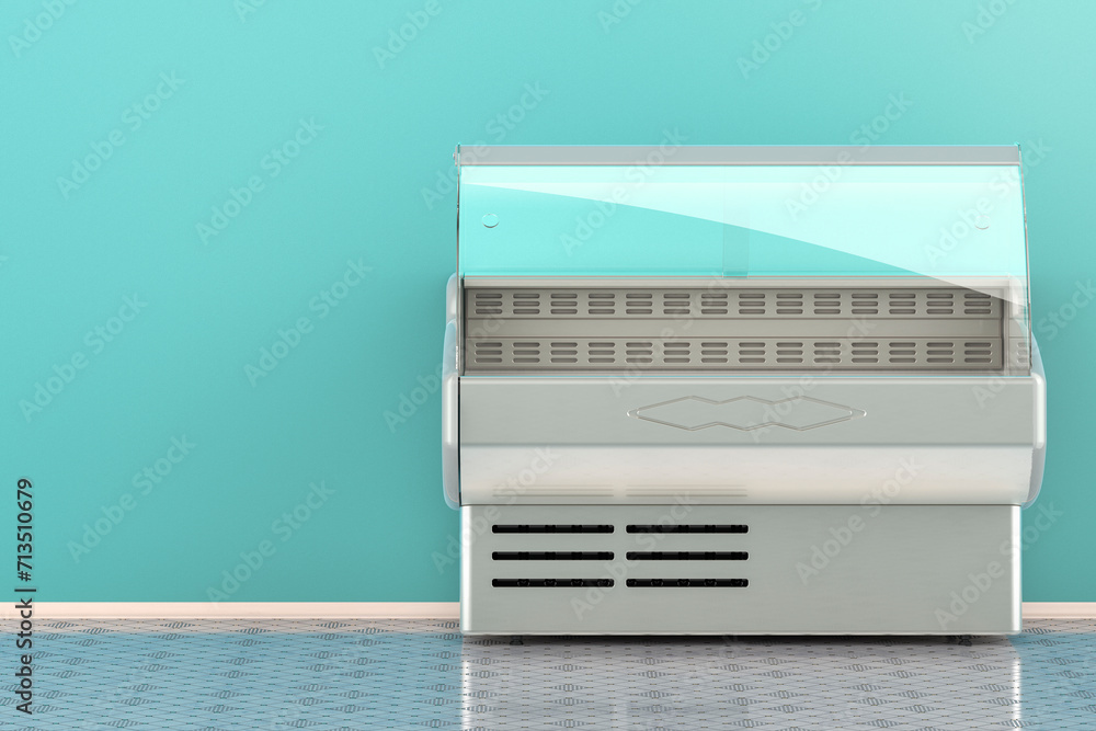Poster refrigerated display case, front view in interior. 3d rendering