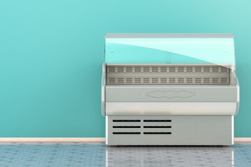 Refrigerated display case, front view in interior. 3D rendering