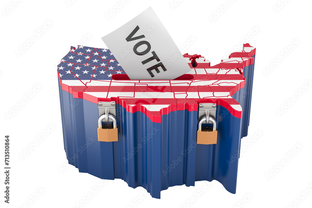 Poster voting in the us, concept. ballot box as the usa map. 3d rendering isolated on transparent backgroun