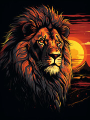 T-shirt design, powerful lion portrait, regal and intense, African savanna background, sunset colors, deep oranges and blacks created with Generative Ai