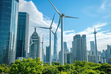 Modern cityscape with futuristic wind turbines blending into the skyline. Renewable energy solutions in urban environments