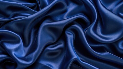 Obraz premium Beautiful dark blue silk satin background. Soft folds on shiny fabric. Luxury background with copy space for text, design. Web banner. Flat lay, top view table.Birthday, Christmas, Valentine's Day.