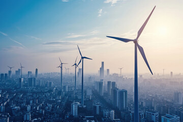 Modern cityscape with futuristic wind turbines blending into the skyline. Renewable energy solutions in urban environments - obrazy, fototapety, plakaty