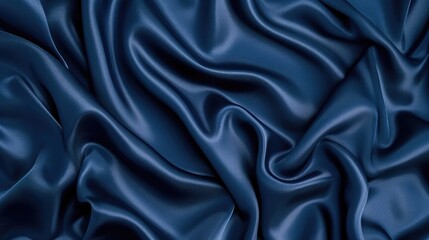 Fototapeta premium Beautiful dark blue silk satin background. Soft folds on shiny fabric. Luxury background with copy space for text, design. Web banner. Flat lay, top view table.Birthday, Christmas, Valentine's Day.
