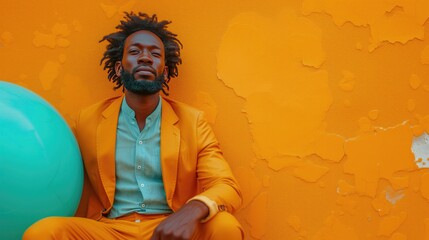Hombre afro, moreno, traje chaqueta, blazer, mostaza, esmeralda camisa, muro con textura amarillo,...