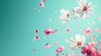 Beautiful spring flowers flying in the air, against teal background; Creative spring floral layout. Minimal birthday, valentines or wedding concept. - obrazy, fototapety, plakaty