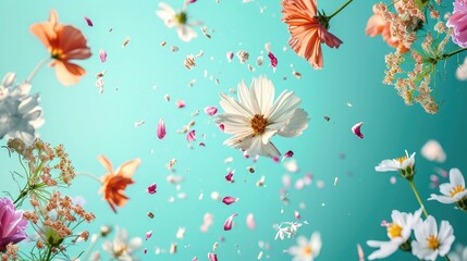 Beautiful spring flowers flying in the air, against teal background; Creative spring floral layout. Minimal birthday, valentines or wedding concept. - obrazy, fototapety, plakaty