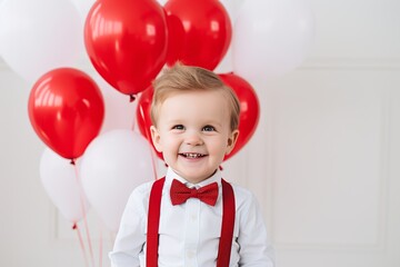 Fototapeta na wymiar A happy little boy child stands on a white background with red balloons and rejoices. A birthday or Valentine's gift. Generated by AI.