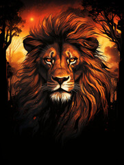 T-shirt design, powerful lion portrait, regal and intense, African savanna background, sunset colors, deep oranges and blacks created with Generative Ai
