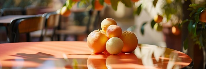 Obraz na płótnie Canvas Citrus fruits on a sunlit cafe table, radiating freshness and natural vibrancy
