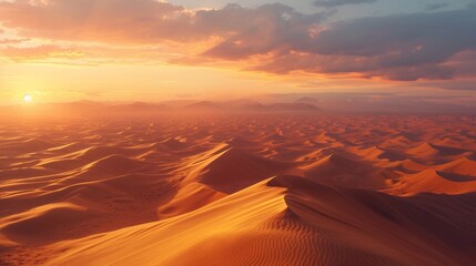 Fototapeta na wymiar A desert sunrise, where dunes are bathed in golden light, casting long shadows 