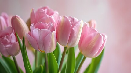 Fototapeta premium Light pink tulip bouquet on a plain background shot with soft light and a shallow depth of field