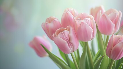 Fototapeta premium Light pink tulip bouquet on a plain background shot with soft light and a shallow depth of field