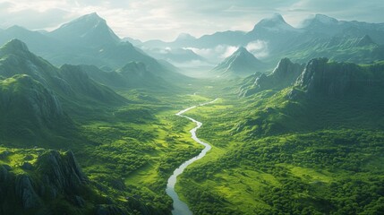 Aerial view of meandering river cutting through a lush valley, its sinuous path leading the eye towards distant mountains