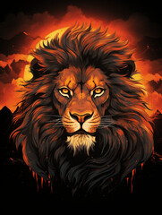 Fototapeta premium T-shirt design, powerful lion portrait, regal and intense, African savanna background, sunset colors, deep oranges and blacks created with Generative Ai