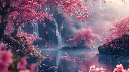 A cascade of cherry blossoms in full bloom, a poetic shower of delicate pink petals and a waterfall behind - obrazy, fototapety, plakaty