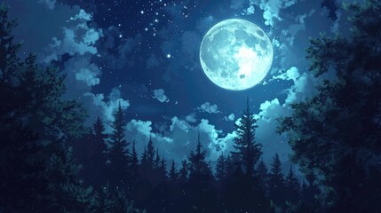 moonlit night with a forest silhouette in the background, manga style generative ai
