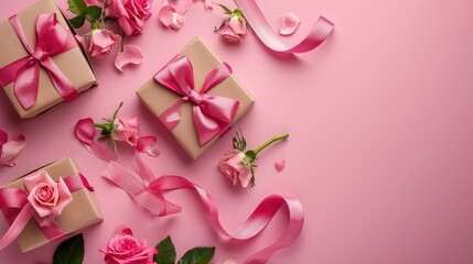 Ribbon in shape of heart with gift boxes and rose flowers on pink background. Happy Valentines day, Mothers day, birthday concept. Romantic flat lay composition.