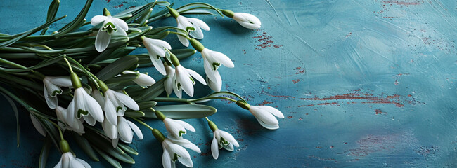 a spring banner, a bouquet of snowdrops lying on a vintage blue textured background,copy space,the concept of seasonal advertising and greeting cards