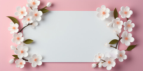 spring banner,a white sheet of paper with a place for text with beautiful cherry blossoms lying on the sides,on a pink background,a spring banner,a design concept for spring marketing materials