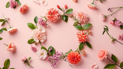 Fototapeta na wymiar Wreath made of beautiful flowers and green leaves on pale pink background, flat lay. Space for text