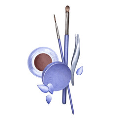 Beauty tools for eyebrow shaping. Hair thinning with tweezers, eyebrow tinting. Facial hair removal. Watercolor illustration. Beauty and fashion concept