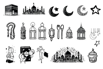 Ramadan and Eid Al-Fitr hand drawn vector illustrations set. Muslim holiday's symbols - fanous, prayer beads, decorative, food and drinks, prayer mat. Outline vector illustration - obrazy, fototapety, plakaty