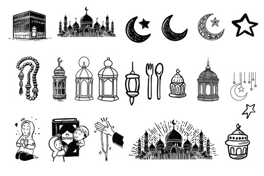 Ramadan and Eid Al-Fitr hand drawn vector illustrations set. Muslim holiday's symbols - fanous, prayer beads, decorative, food and drinks, prayer mat. Outline vector illustration