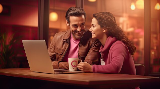 Pleasant family couple sitting looking at laptop screen. Happy young spouse web surfing, making purchases online or booking flight tickets