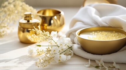 Obraz na płótnie Canvas Spa salon yellow composition in wellness center. Spa still life background with massage oil, white flowers and towel. Beauty spa treatment and relax. Relaxing gold background.