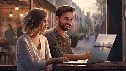 Pleasant family couple sitting looking at laptop screen. Happy young spouse web surfing, making purchases online or booking flight tickets