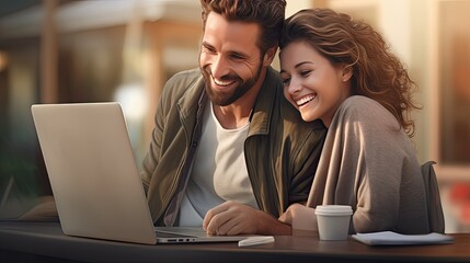 Pleasant family couple sitting looking at laptop screen. Happy young spouse web surfing, making purchases online or booking flight tickets - obrazy, fototapety, plakaty