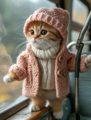 Tiny kitten wearing knitted hat with pompon and sweater.