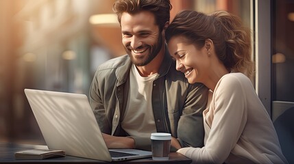 Pleasant family couple sitting looking at laptop screen. Happy young spouse web surfing, making purchases online or booking flight tickets - obrazy, fototapety, plakaty
