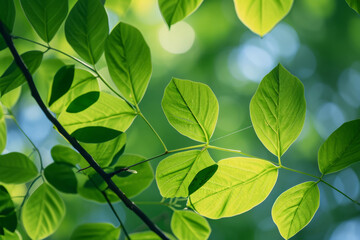 Fototapeta na wymiar Close up shot of green leaves on a branch. Plants leaves using as spring background. Generative AI