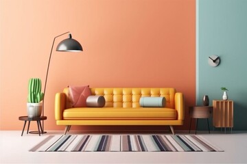 Modern living room with trendy furniture and accessories on a colored background, panoramic view. Generative AI
