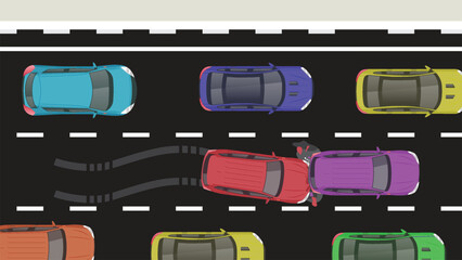 top view flat cartoon of car vehicle with crash braking emergency accident and road