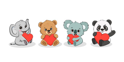 Cute cartoon elephant cub, panda, koala, teddy bear with a hearts for your design. Valentine's day card. 