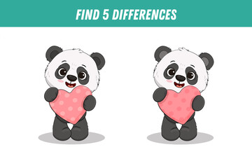 Find five differences between two pictures of cute panda bear. Cute panda with heart. Activity page, game. 