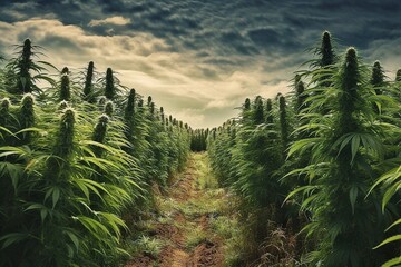 A plantation with growing rows of cannabis or hemp plants in a field on a farm. - obrazy, fototapety, plakaty