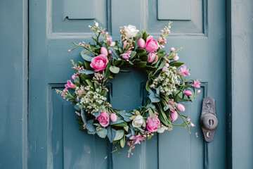Spring flower wreath hanging on a house wooden door. Fresh wild flowers and home decoration. Generative AI