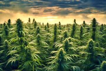 Cannabis Plantation. Medicinal indica with CBD. Blooming cannabis at sunset.  - obrazy, fototapety, plakaty