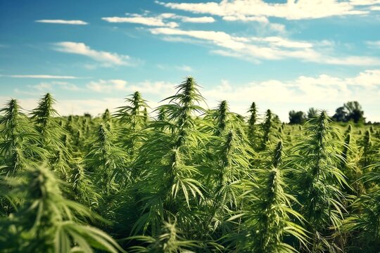 Cannabis Plantation. Medicinal indica with CBD. Green leaves of marijuana on the field.